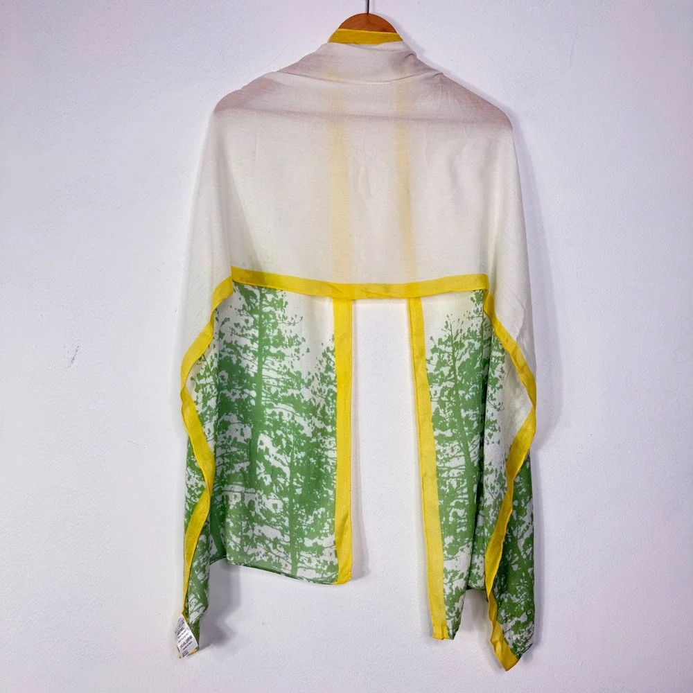Curia Womens Scarf White Green Yellow Tree Print Sheer Viscose Boho‎ Cottagecore